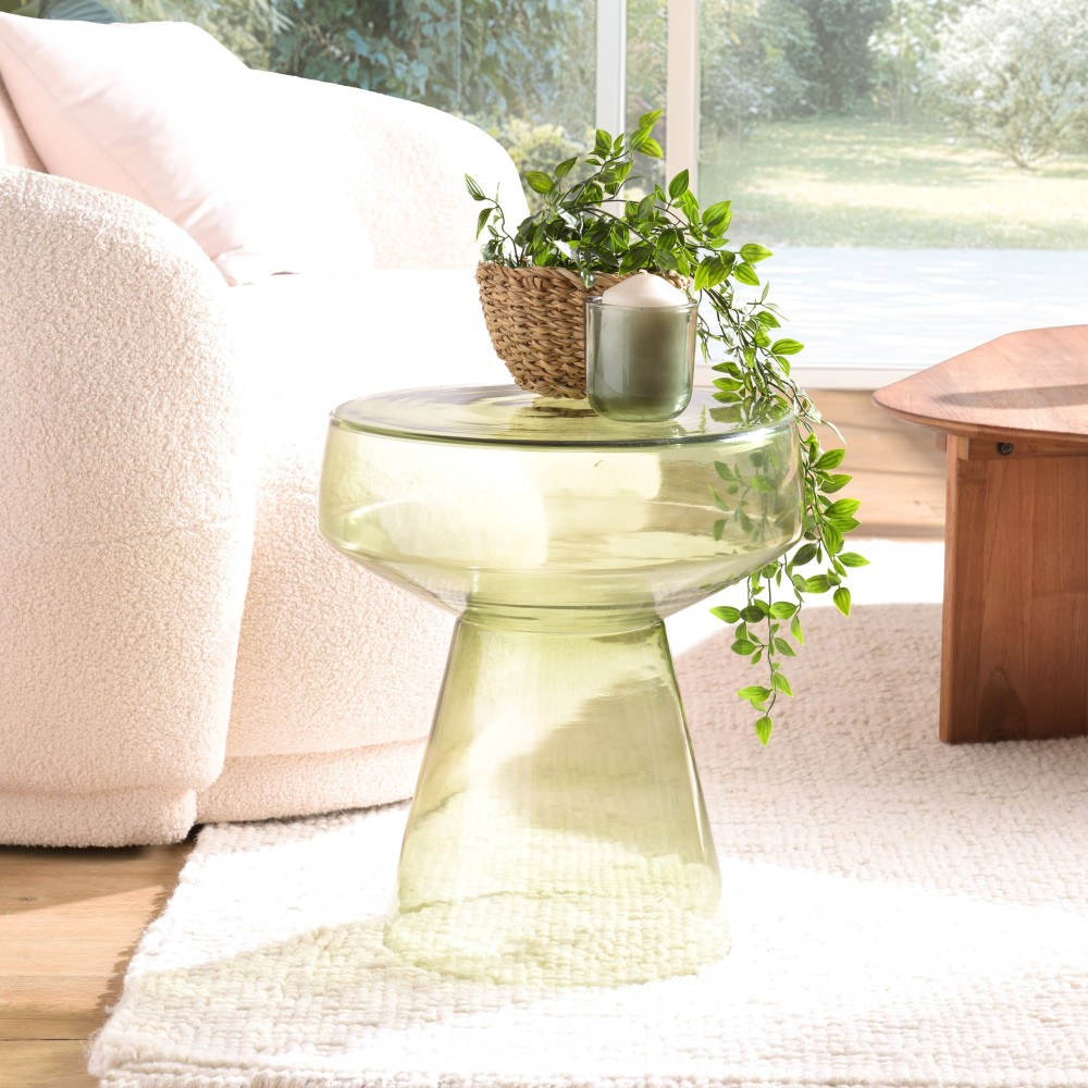 Designer side table in transparent green glass | Hortense Collection