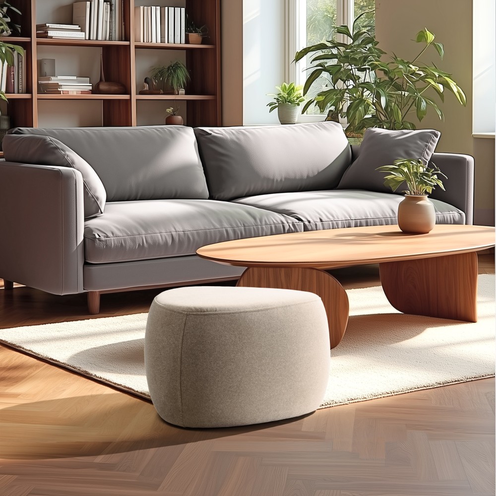 Pouf forme galet n°2 en tissu effet velours beige foncé | Collection Leopold