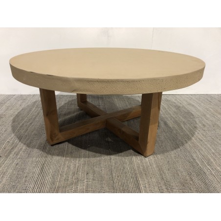 92x92cm round coffee table in concrete and beige teak wood | Second life