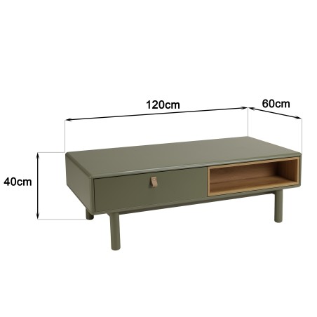 Table basse 2 tiroirs et 2 niches en bois naturel vert | Seconde Main