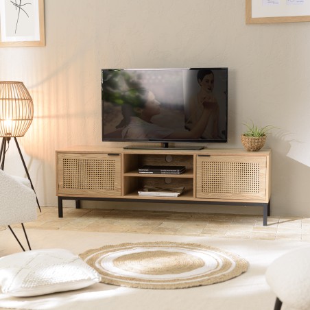 Wooden TV cabinet with 2 doors, natural cane finish and black metal legs | Second-hand