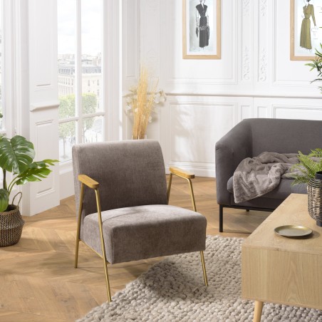 Fauteuil lounge pieds doré accoudoirs bois et tissu taupe | Seconde Main