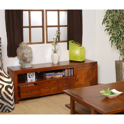 Meuble TV bas 3 tiroirs marron bois Mindi | Seconde Main