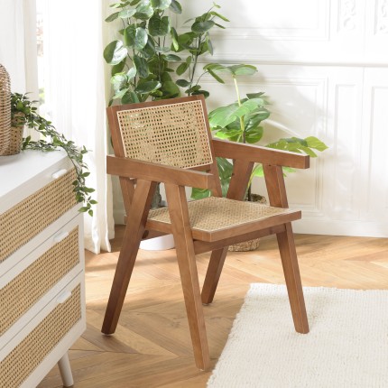 Dark rubberwood armchair with natural rattan backrest and seat | Second Hand