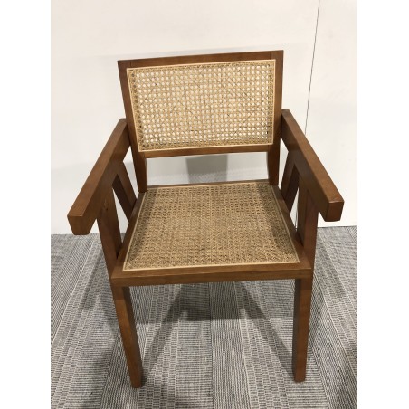 Fauteuil en bois d’Hévéa foncé dossier et assise rotin naturel | Seconde Vie