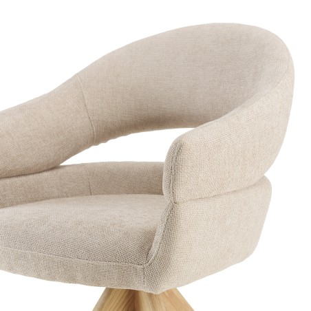 Swivel chair in beige fabric with rounded backrest, wooden legs | Ugo Collection