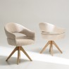 Swivel chair in beige fabric with rounded backrest, wooden legs | Ugo Collection