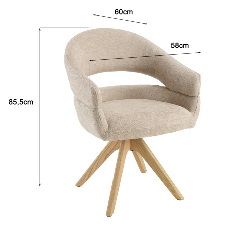 Swivel chair in beige fabric with rounded backrest, wooden legs | Ugo Collection