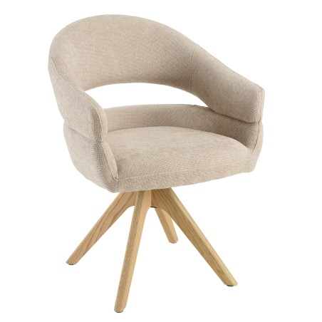 Swivel chair in beige fabric with rounded backrest, wooden legs | Ugo Collection