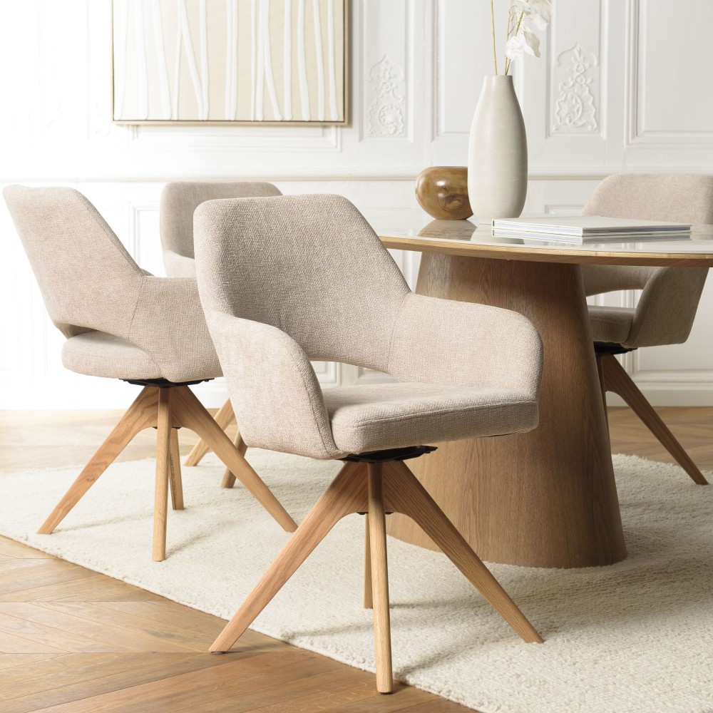 Beige fabric swivel chair with wooden legs | Ugo Collection