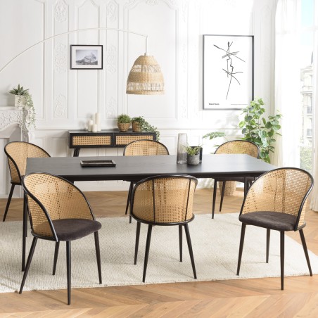 SECONDE MAIN - 2 fauteuils tissu noir dossier arrondi effet cannage