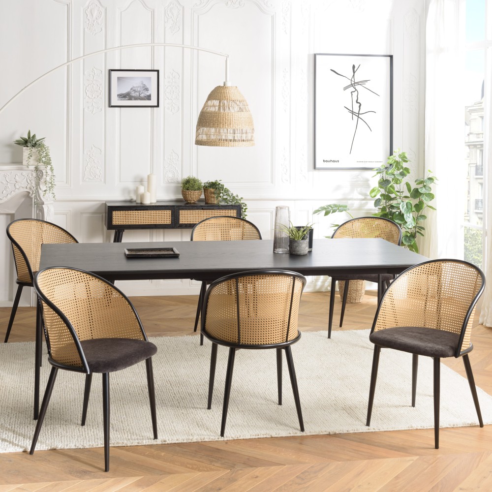 SECONDE MAIN - 2 fauteuils tissu noir dossier effet cannage