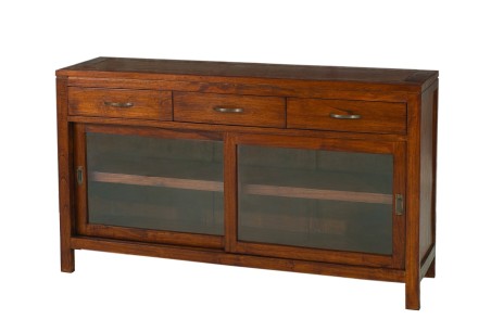 LORINE - Brown Buffet with Sliding Glass Doors and 3 Drawers