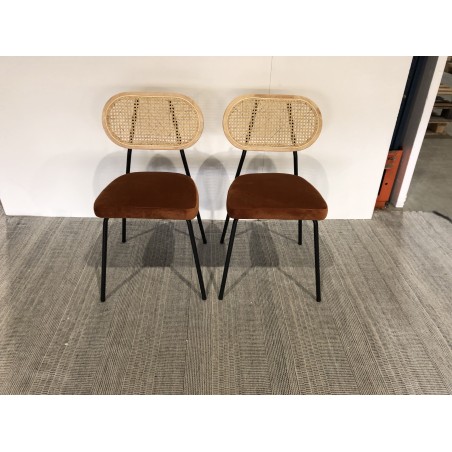 Set of 2 orange rattan and velvet chairs - Second-hand