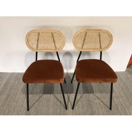 Set of 2 orange rattan and velvet chairs - Second-hand