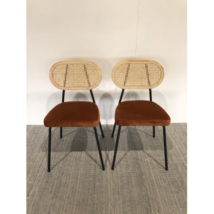 2 orange rattan and velvet chairs - Second-hand