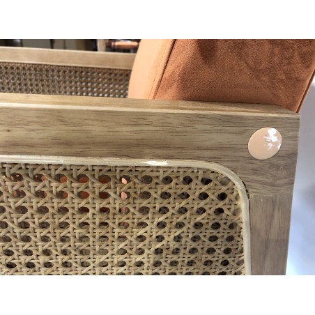 Orange velvet armchair with wooden legs and rattan armrests | Second Hand