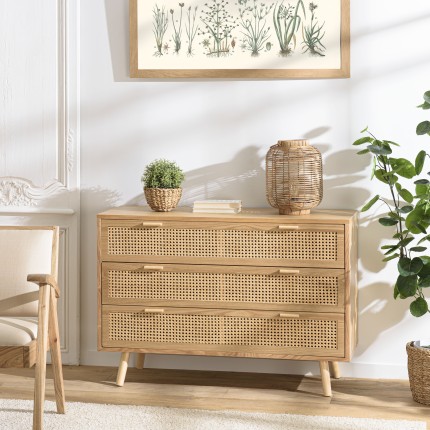 SECONDE MAIN - Commode en bois couleur naturel 3 tiroirs cannage