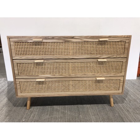 Natural-coloured wooden chest of drawers with 3 cane drawers | Second Hand