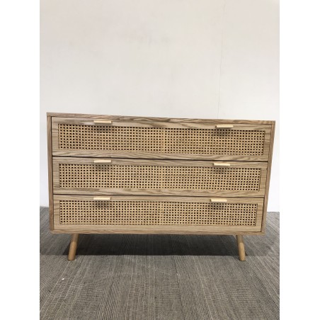 Natural-coloured wooden chest of drawers with 3 cane drawers | Second Hand