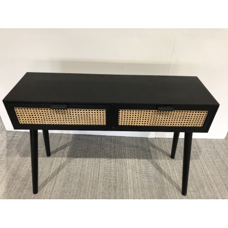 SECONDE MAIN - Console noire bois 2 tiroirs cannage
