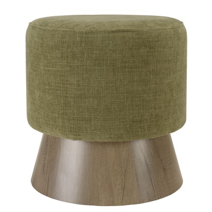 Round pouffe in green fabric with wooden base, D41cm | Macabane Furniture
