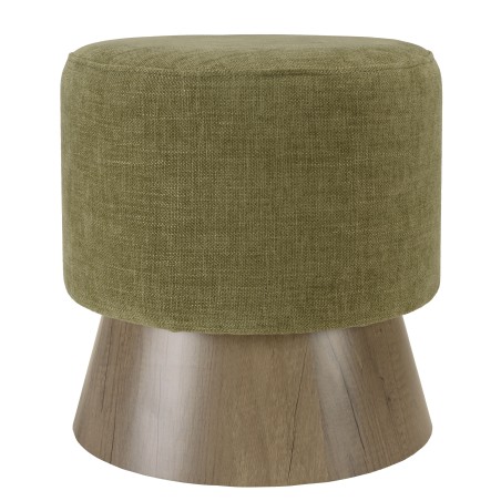 Round pouffe in green fabric with wooden base, D41cm | Macabane Furniture