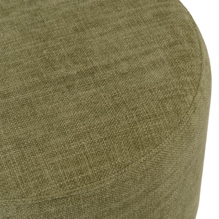Round pouffe in green fabric with wooden base, D41cm | Macabane Furniture