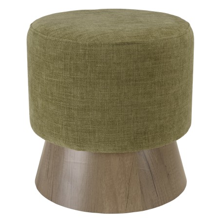 Round pouffe in green fabric with wooden base, D41cm | Macabane Furniture