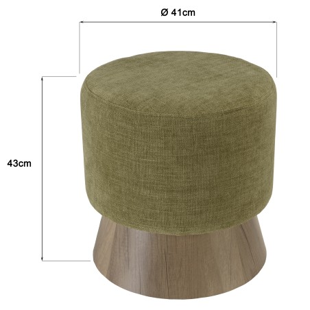 Round pouffe in green fabric with wooden base, D41cm | Macabane Furniture