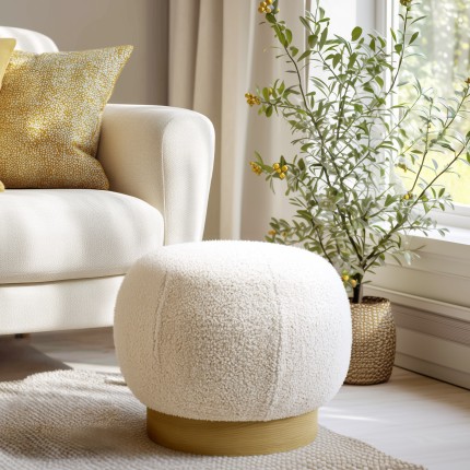 Pouf rond en tissu bouclette blanc D47cm | Collection Agathe