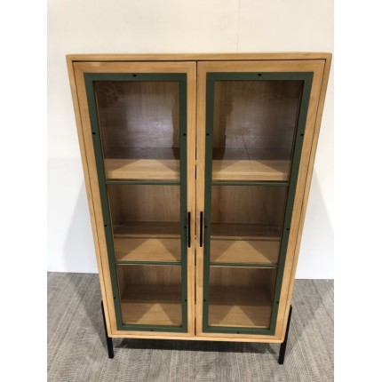 2-door glass-fronted sideboard in pine green and black metal - SECOND-HAND