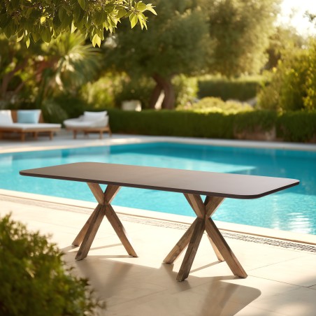 Table à manger 240x100cm effet béton marron pieds en bois d'acacia | Macabane