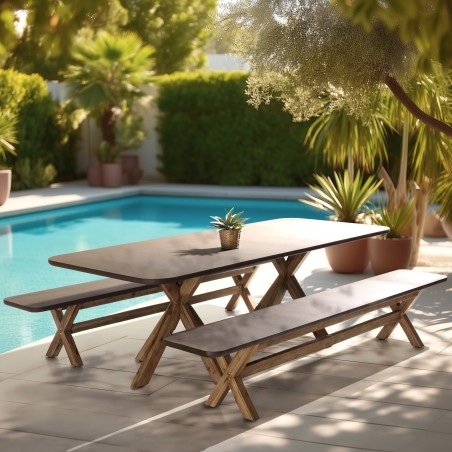 Brown concrete-effect table and bench set with acacia wood legs | Macabane