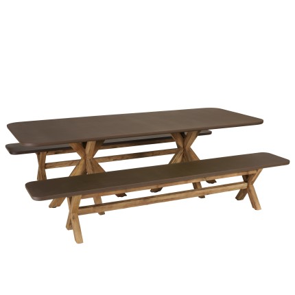 Brown concrete-effect table and bench set with acacia wood legs | Macabane