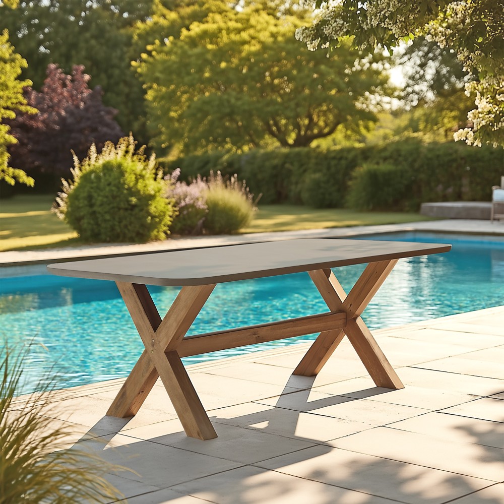 Table à manger 200x100cm effet béton marron pied en bois d'acacia | Macabane