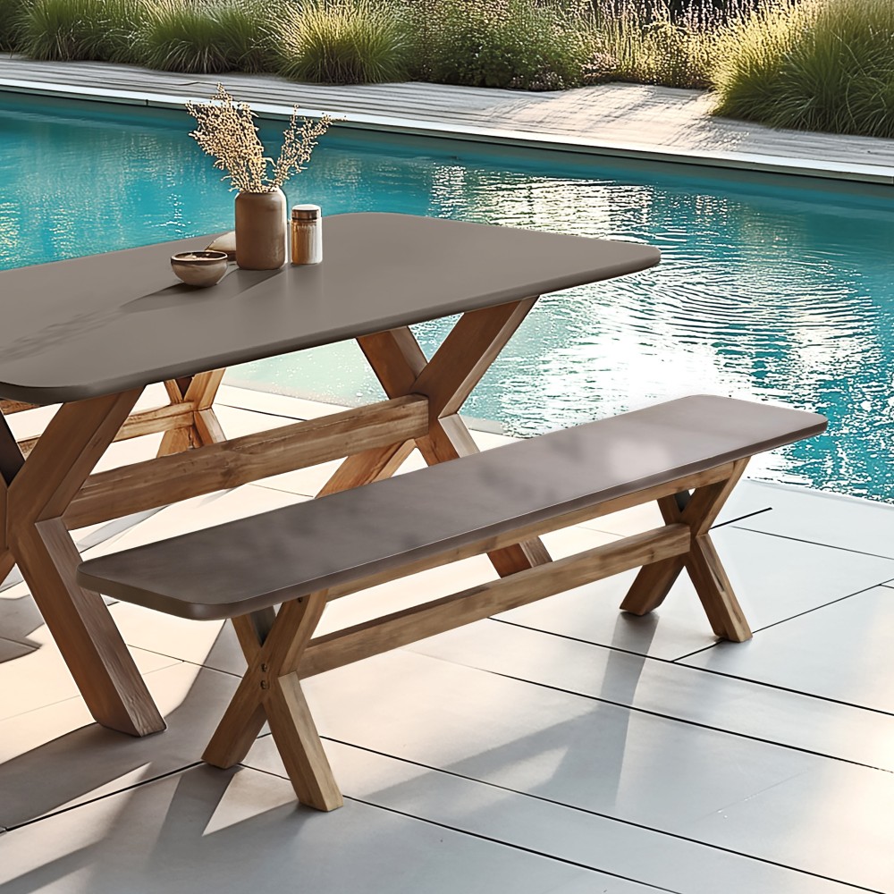 Banc 200x40cm effet béton marron pied en bois d'acacia | Macabane