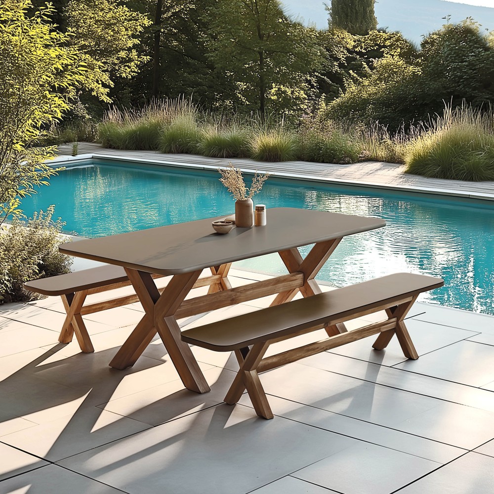 Ensemble table et bancs effet béton marron pieds en bois d'acacia | Macabane