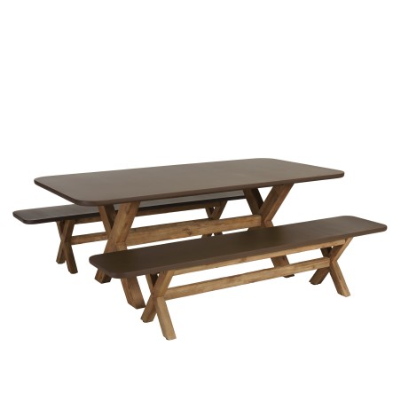 Brown concrete-effect table and bench set with acacia wood legs | Macabane
