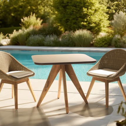 Table à manger carrée 90x90cm effet béton marron pied bois d'acacia | Meubles Macabane