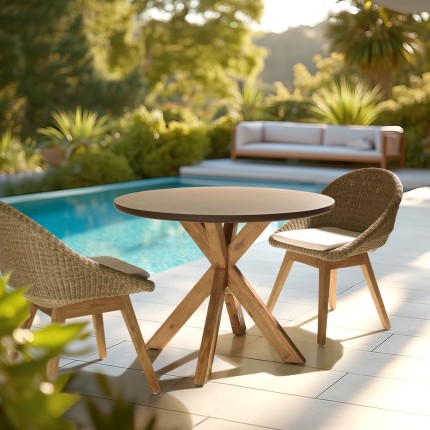 Table à manger ronde effet béton marron pied en bois d'acacia D100cm | Macabane