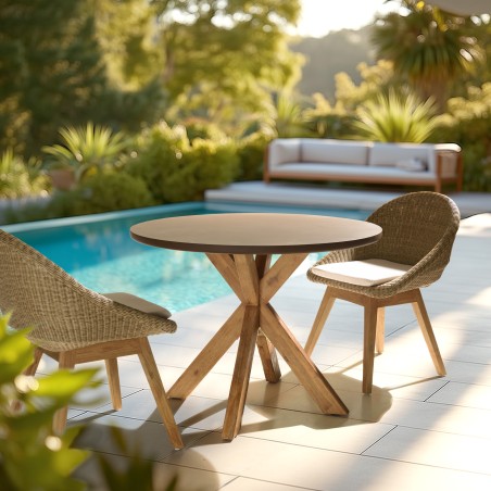 Table à manger ronde effet béton marron pied en bois d'acacia D100cm | Macabane