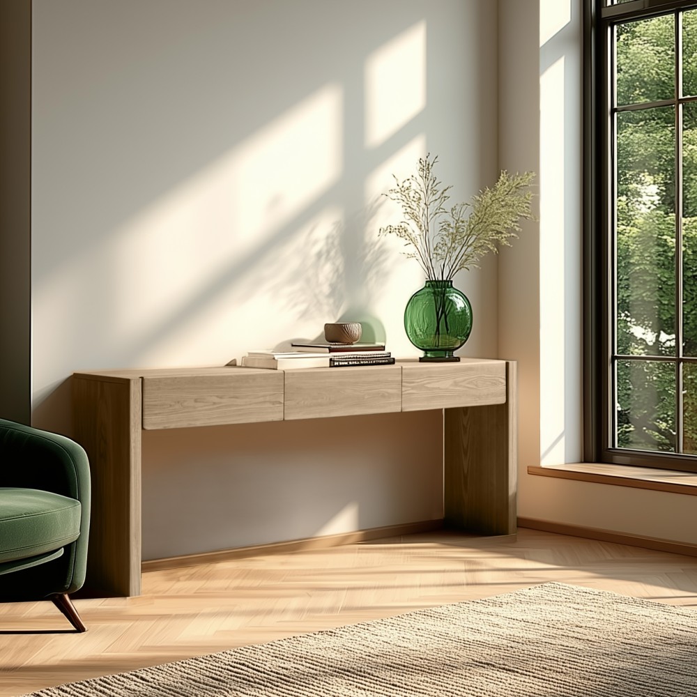 Consola 3 cajones diseño redondeado color natural | Muebles Macabane