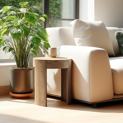 Round side table in natural-coloured wood | Macabane Furniture