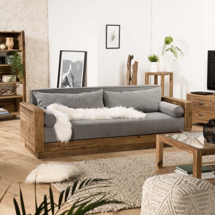 SECOND HAND - 3-Seater Sofa in Brown Recycled Pine with Grey Fabric