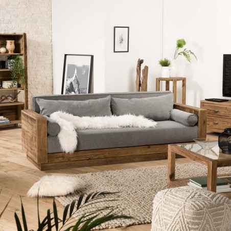 SECOND HAND - 3-Seater Sofa in Brown Recycled Pine with Grey Fabric