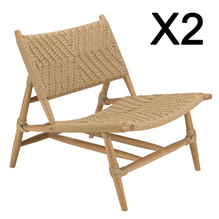 SECONDE MAIN - Lot de 2 fauteuils lounge jardin en bois teck rotin relief
