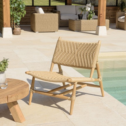 SECONDE MAIN - Lot de 2 fauteuils lounge jardin en bois teck rotin relief