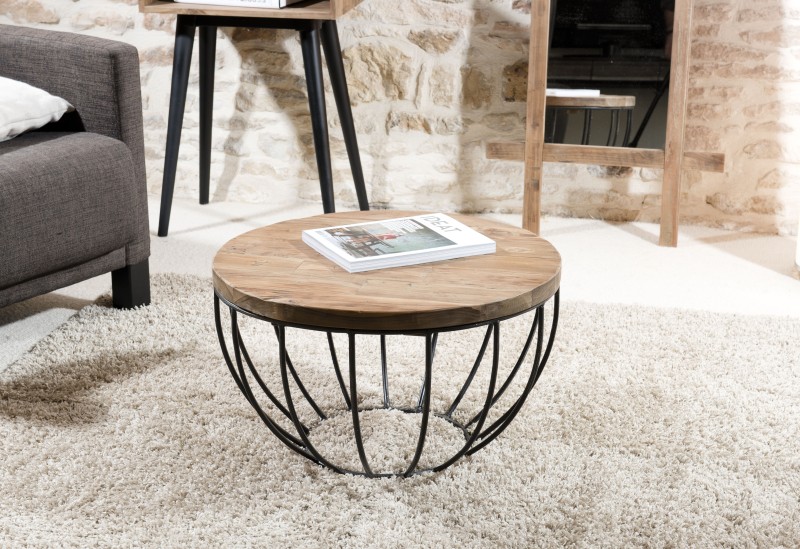 SECONDE MAIN - Table basse plateau 60x60cm bois teck recyclé métal noir