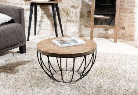 SECONDE MAIN - Table basse plateau 60x60cm bois teck recyclé métal noir